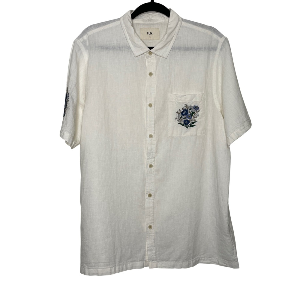 Folk Button Up Shirt Mens XL White Floral Embroidered Linen Cotton Casual Luxury